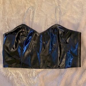 Shein Black vinyl patent leather 1X silver chain detail. Silver zip back